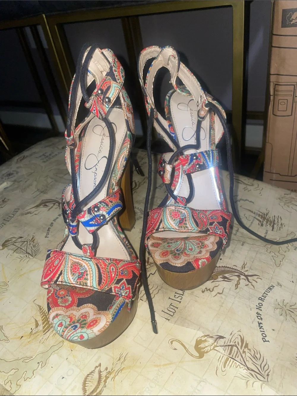 Jessica Simpson Red Multicolor Paisley Platform Sandals